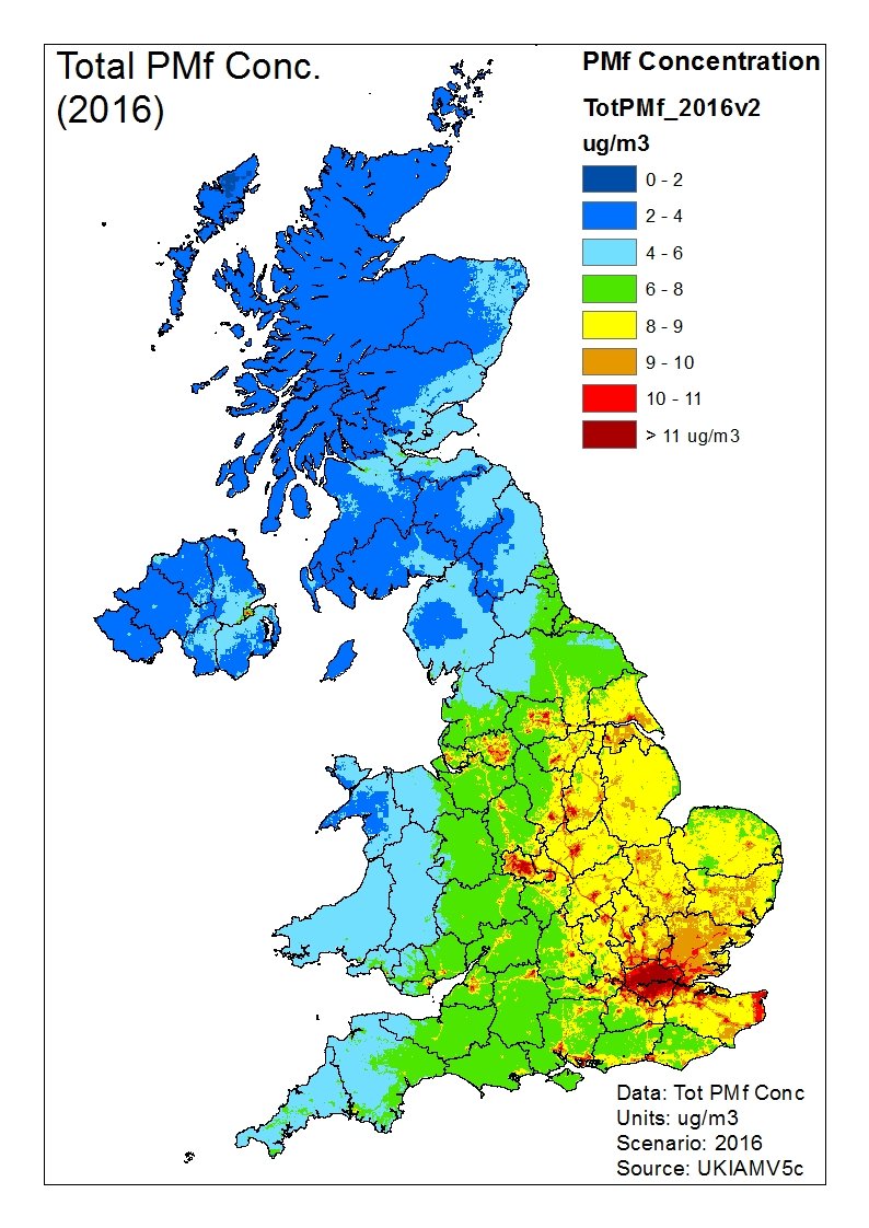 Annual average PM2.5 concentrations in 2016